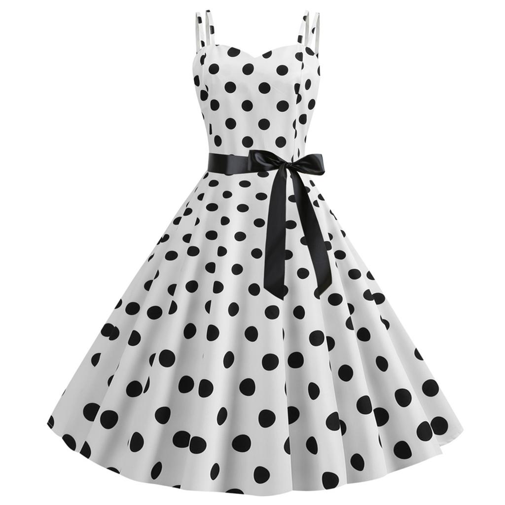 Women's Retro Style Dress With Double Suspenders And Polka Dot Printed Large Skirt