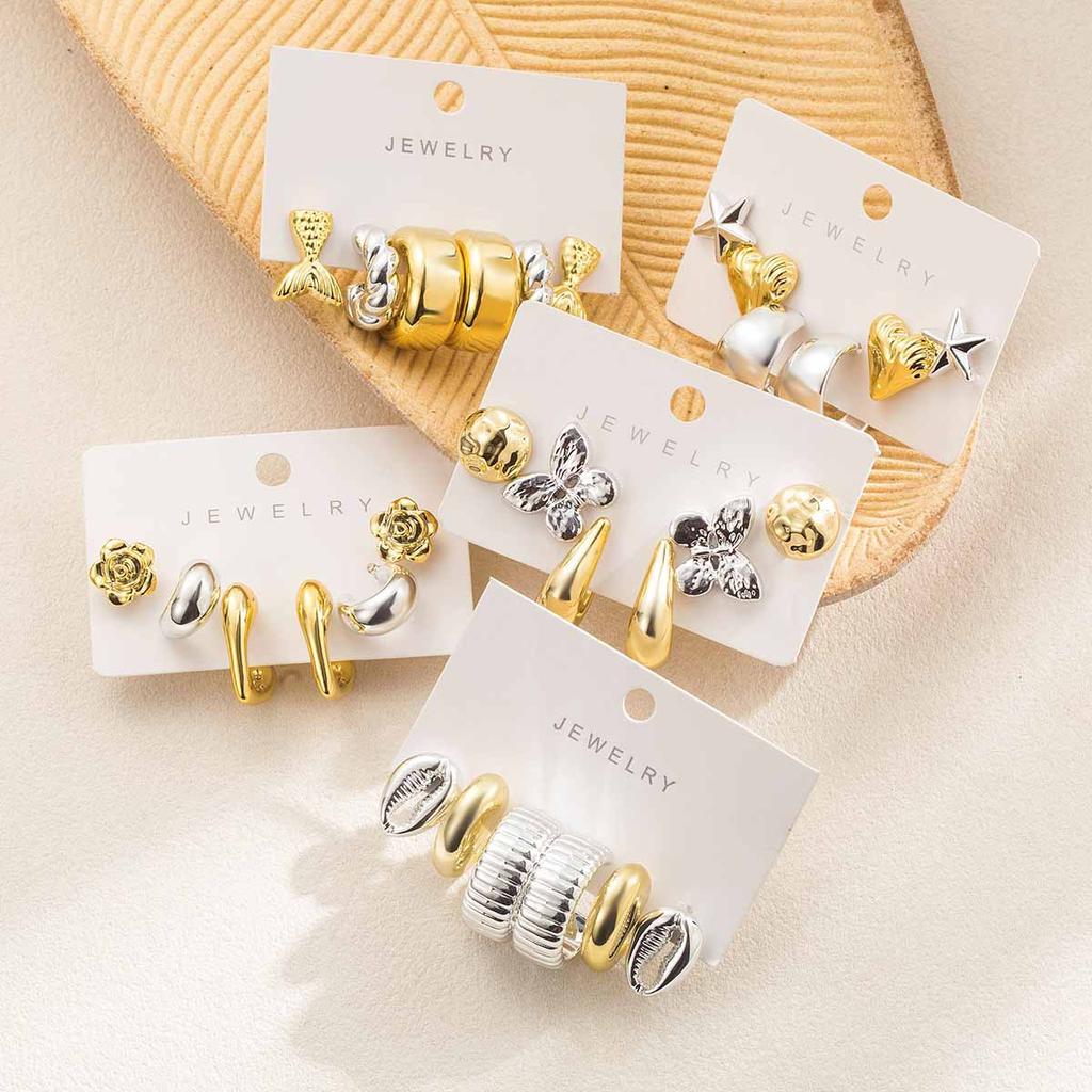Women Fashion Two Tone Metal Multi Element Geometric Earrings Set C Shape Retro Luxury High Grade Ear Cuffs Studs Ear Jewelry