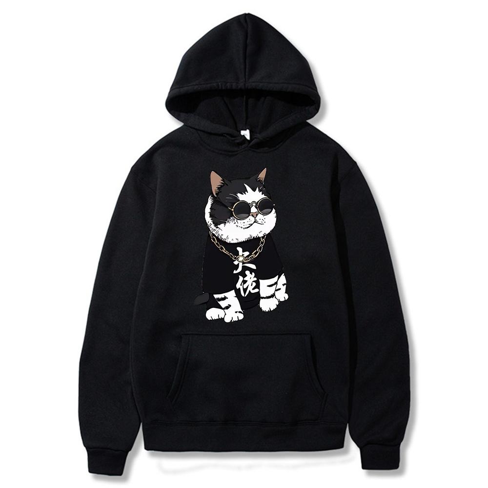 Cool and Cute Big Boss Cat Fun Print Autumn/Winter Women's Fashion Instagram Heavyweight Sweater Hooded Loose Long sleeved Coat