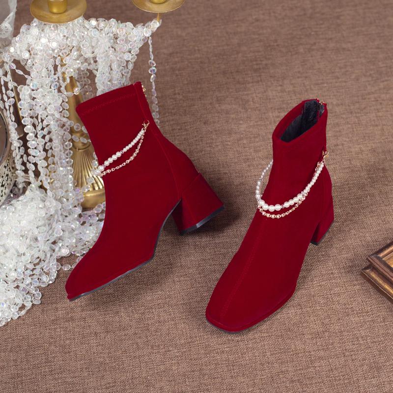 Fashion Women's Thick Heel Cotton Boots Winter New Square Head Suede Back Zipper Anti-slip Wear-resistant Short Tube Wedding Shoes