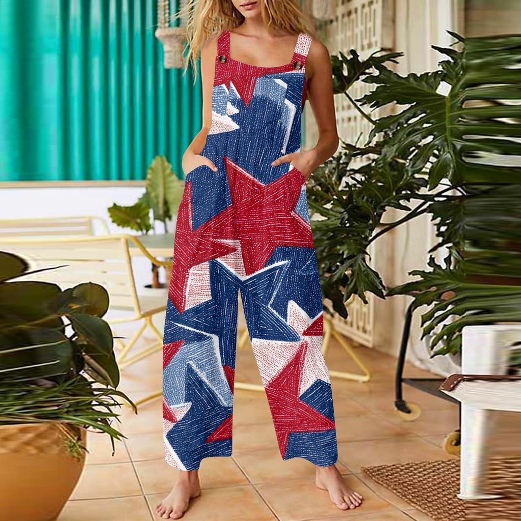 Women’s Sleeveless Wide Leg Jumpsuit with Adjustable Straps and Printed Pattern Casual Loose Fit Overalls with Pockets