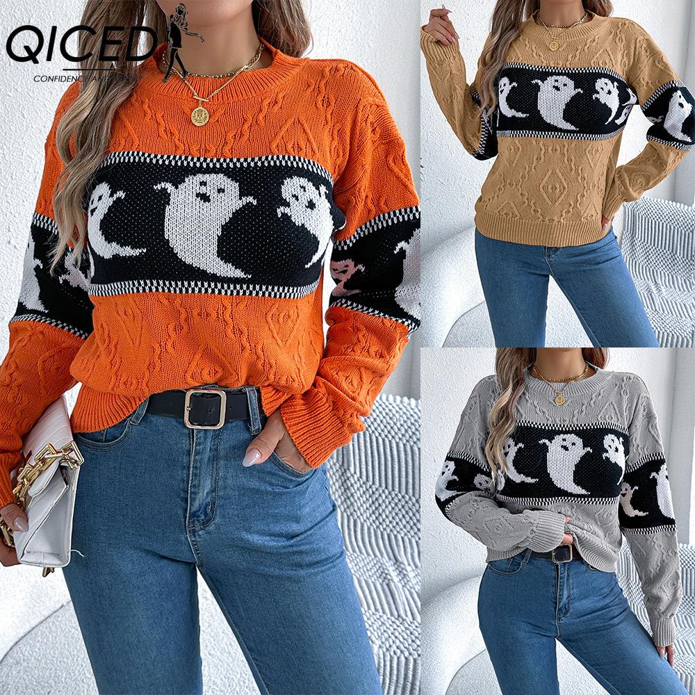 QICED  Autumn and Winter Halloween-themed Ghost-contrasting Color Long-sleeved Pullover Sweater Women's Wear