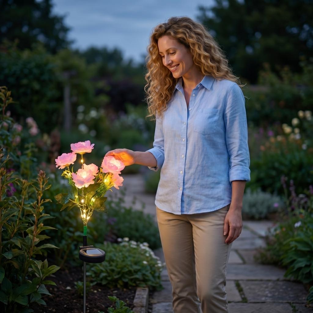 Solar Powered Peony Artificial Flower Light Outdoor Garden Stake with LED Bulbs for Yard Pathway Patio Decoration