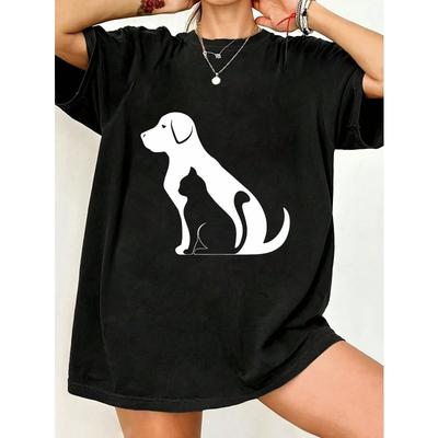 Black Oversized T Shirt With Dog And Cat Print For Casual Wear