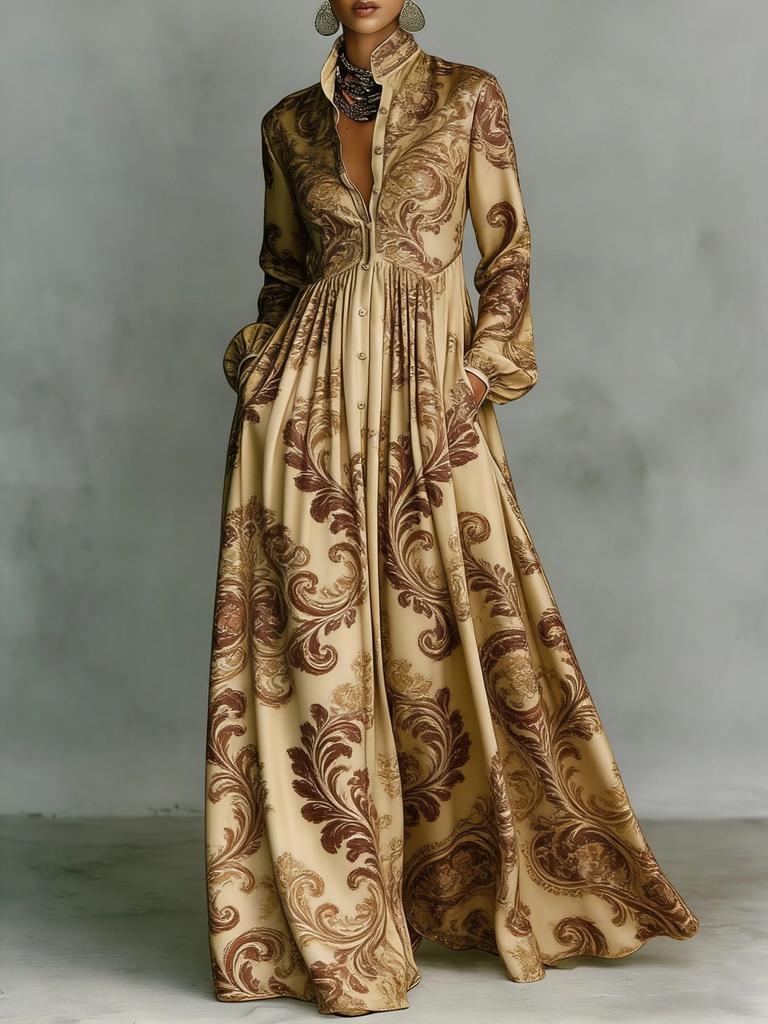Women's Floral Print Maxi Shirt Dress Long Sleeve Button Front Casual Flowy Dress