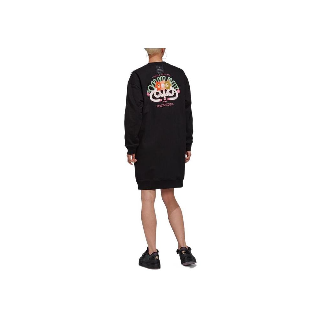 Adidas Originals Trefoil Logo Striped Print Straight-Leg Sports Long Sleeve Dress Women dresses Black HT3773