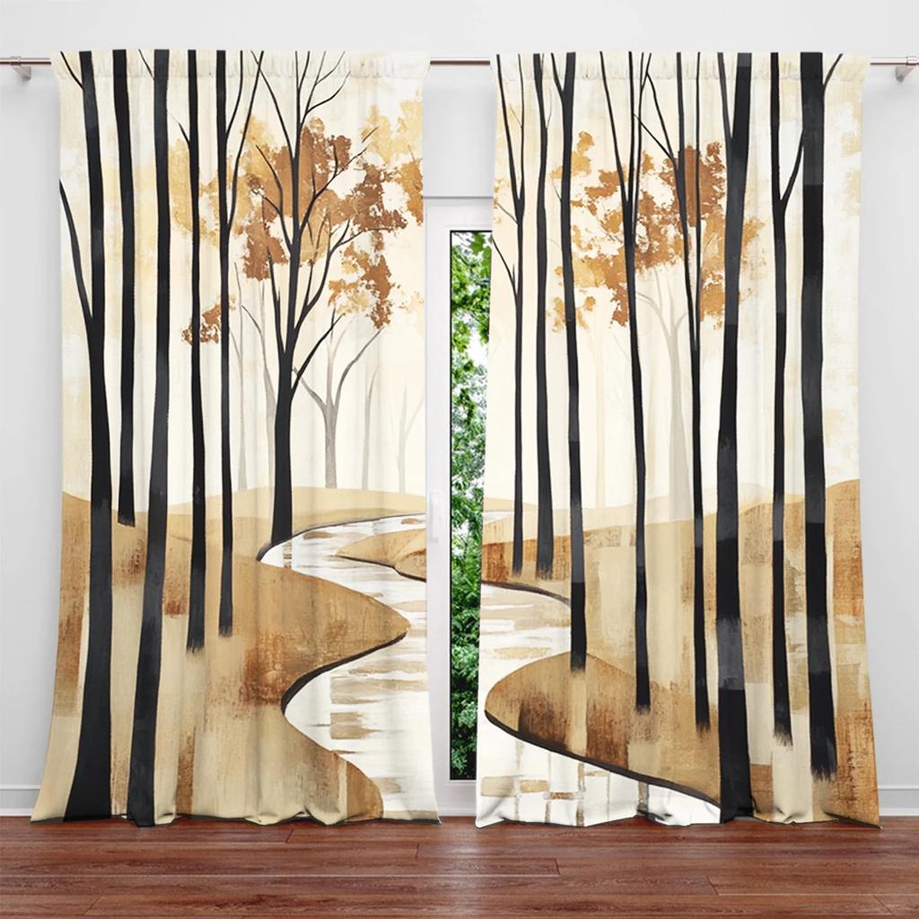 Set Of 2 Style Watercolor Forest Printed Curtain Home Decor Window Treatment Bedroom Office Kitchen Nordic Curtains Made Polyester