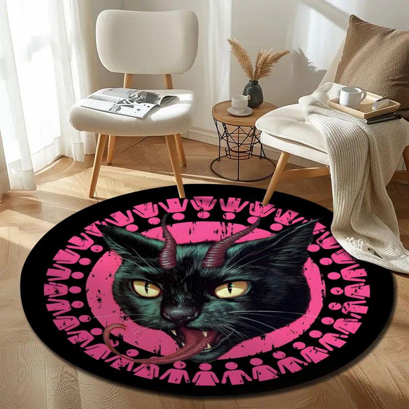 Lovely Gothic Black Cat Green Eyes Round Rug, Pastel Pink Elegant Touch, Charming Decor for Dorm Apartment and Rental with Hip with Sparkle