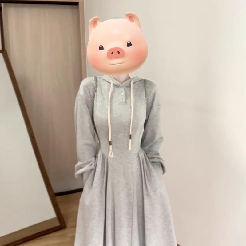 Petite Gray Hooded Long-Sleeve Dress for Women - New Autumn/Winter 2026 Korean Style Long Hoodie Dress