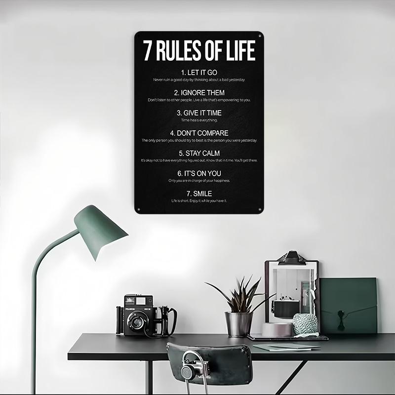 7 Rules of Life Poster Customized Wall Art Vintage Metal Signs Retro Tin Plaque for Man Cave Home and Decoration Gaming House