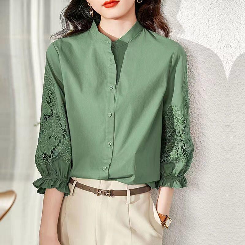 Fashion Hollow Out Embroidery Blouse Women New Classic 3/4 Sleeve Sense of Design Solid Color Single-breasted O-collar Top