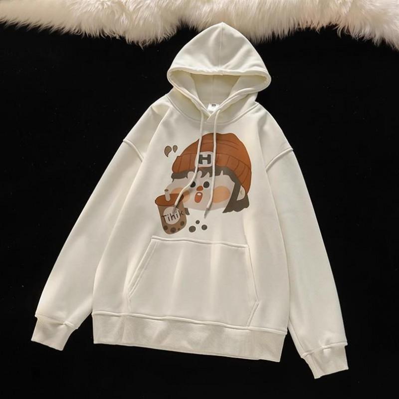 Womens Oversized Hooded Sweatshirt With Cartoon Print Cotton Blend Long Sleeve Loose Fit Winter Top
