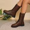 Damen Runde Zehenpartie Mittelhohe Reitstiefel, Seitenreißverschluss Britischer Stil Lederstiefel, Große Größen Herbst Winter Schuhe