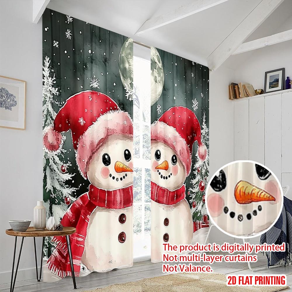 2pcs,2D Plane Printing Print Curtains Cute Snowman Couple Christmas (4) Durable Polyester (without Rod) Versatile All Ldeal for