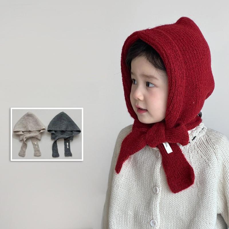 INS Fashion 2-in-1 Kid Scarf Hat Winter Set Knitted Ear Protection Cap with Tie Band for Boys Girls Soft Beanie with Neck Warmer