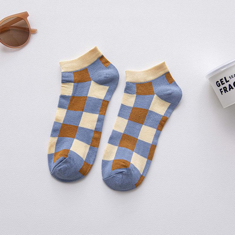 

Japanese Plaid Boat Socks - Spring Style Short Women s Cotton Socks, Cream & Contrasting Colors, Trendy Streetwear. One Size