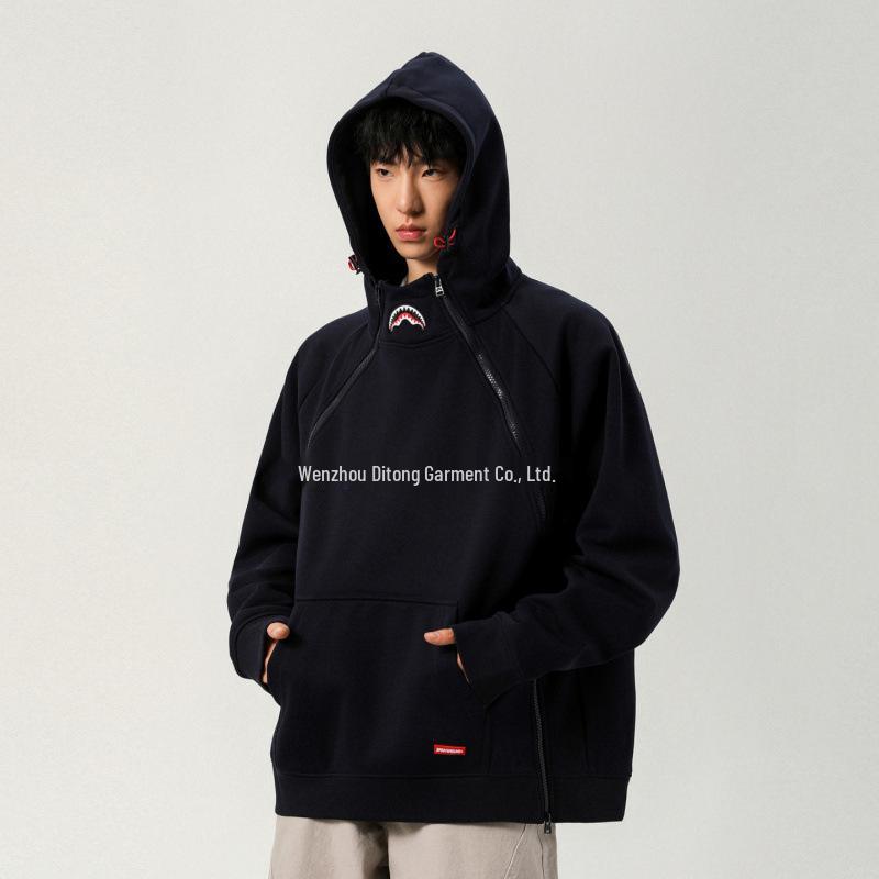 Men s Shark Mouth Embroidered Double Zipper Hoodie - Trendy Streetwear, Heavyweight American Cleanfit Hooded Sweatshirt Cardigan Jacket L темно-синий