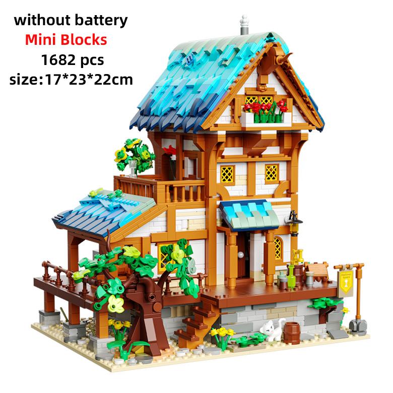 Mittelalterliche Schlossarchitektur Mikro-Bausteine Haus Straßenansicht Bauernstadt Schmiede Hotel MOC Kreative Fahrzeugspielzeuge