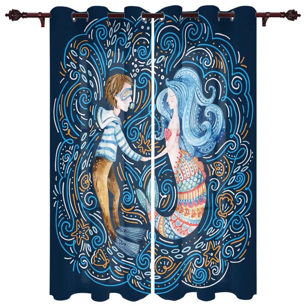 Mermaid Cartoon Children Luxury Curtains for Living Room Window Treatment Curtain for Bedroom Home Decor