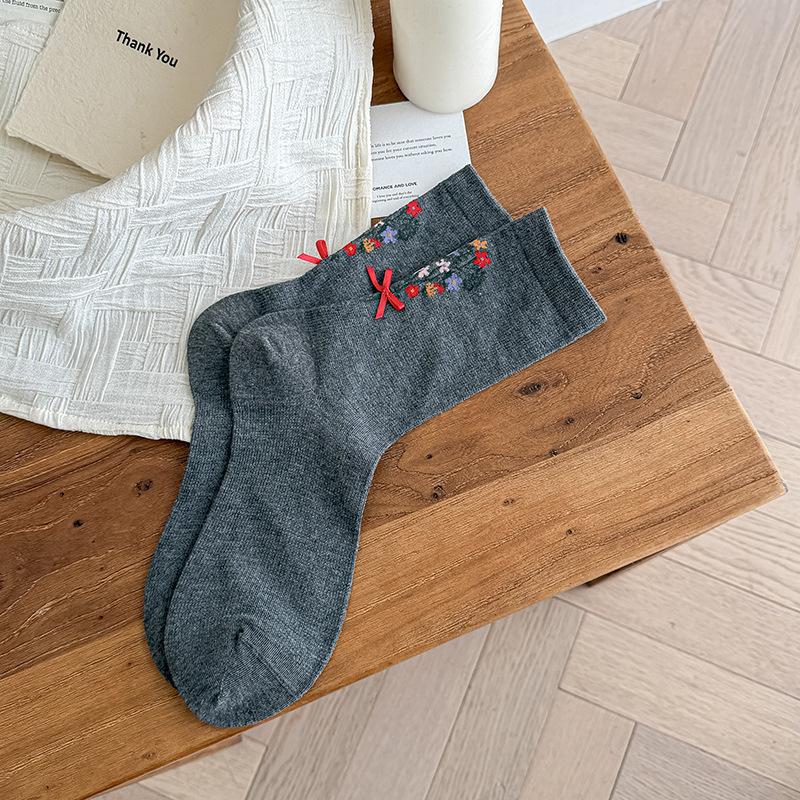 Sock - Spring/Summer Lightweight Printed Flowery Padded Stockings with Butterfly Knots - Mid-Calf Cotton Stockings for Country Style Long Trousers