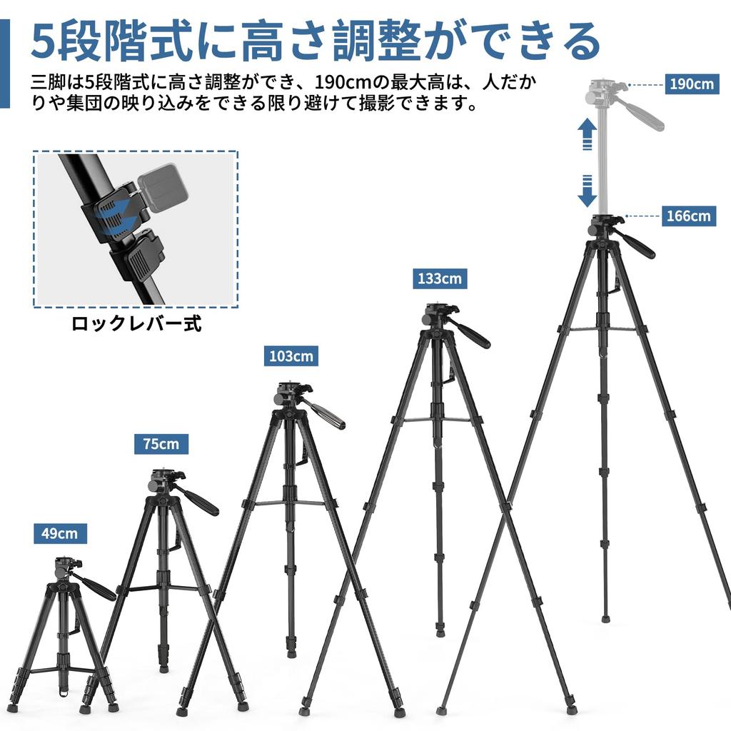ZOCUS Tripod with Remote Adjustable 1900mm 26mm Leg 5 Pan Quick Smartphone Carrying Bag Compatible with Video and Black Control, Monopod, Height,
