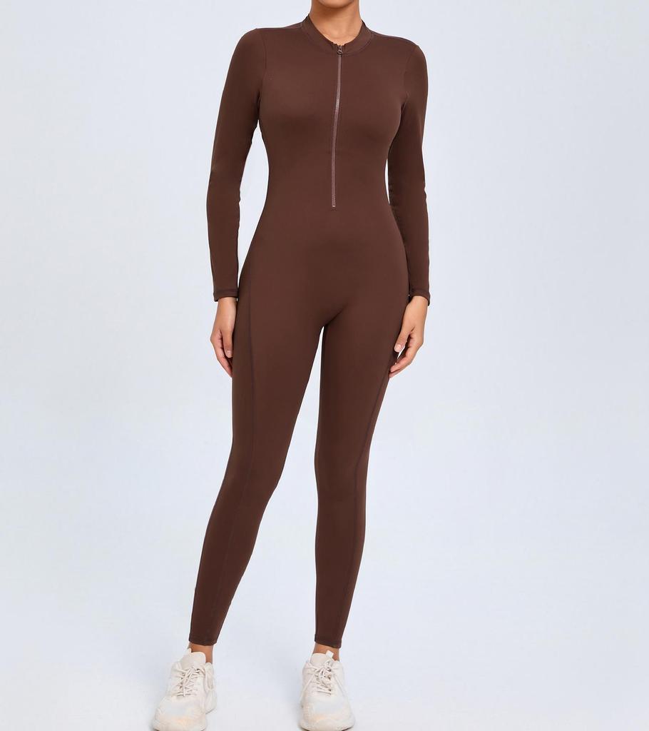 Europäischer & Amerikanischer Yoga-Jumpsuit mit Reißverschluss und langen Ärmeln - Damen Fitness-Body mit Nude-Feeling