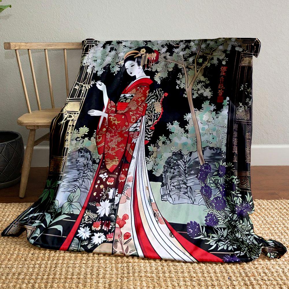 Geisha in Red Kimono Among Blossoms Patterned blanket, flannel, suitable for all seasons, home decor, warm and cozy
