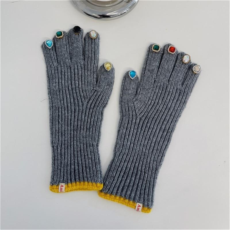 Gants en strass pour femmes, gants tricotés avec décors en strass sur le bout des doigts, gants chauds d'hiver pour doigts complets, mitaines de luxe