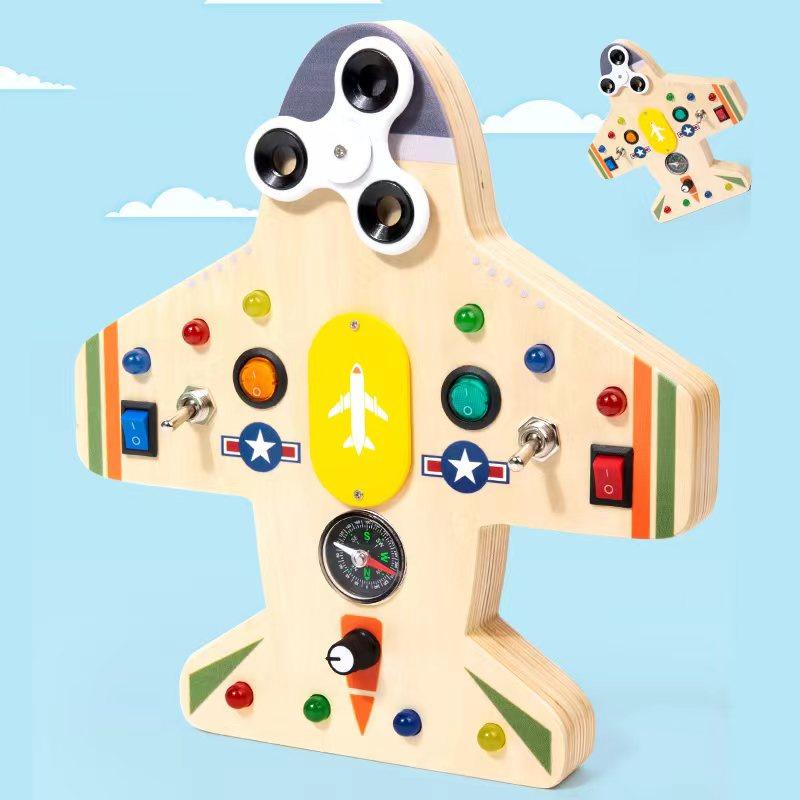 Wooden busy board circuit LED light simulation socket switch unlocking teaching aids life skills cognitive toys
