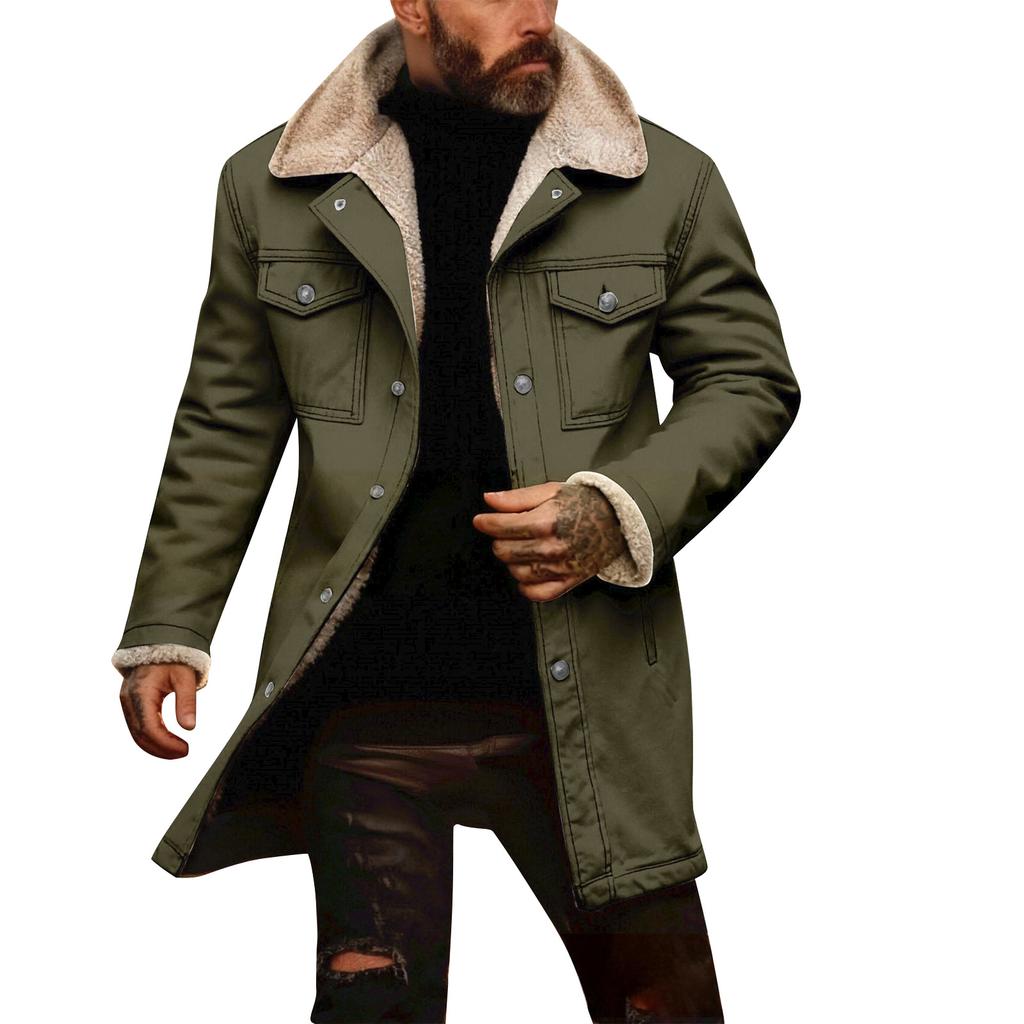 Men's Solid Color Button Pocket Work Wear Plus Leather Jacket Men's Casual Long Coat