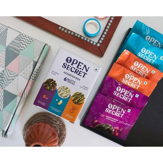 Open Secret Multi Flavor Assorted Story Box with Choco Almond, White Choco Cashew & Peanut Butter Nutty Cookies | 6 Cookies, 75g