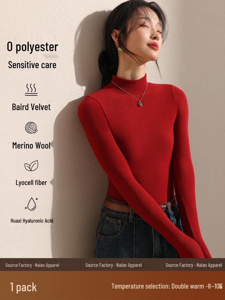 Women's Black Fleece-Lined Half-High Neck Base Layer Knit Top - Thickened Long Sleeve for Autumn/Winter 2026