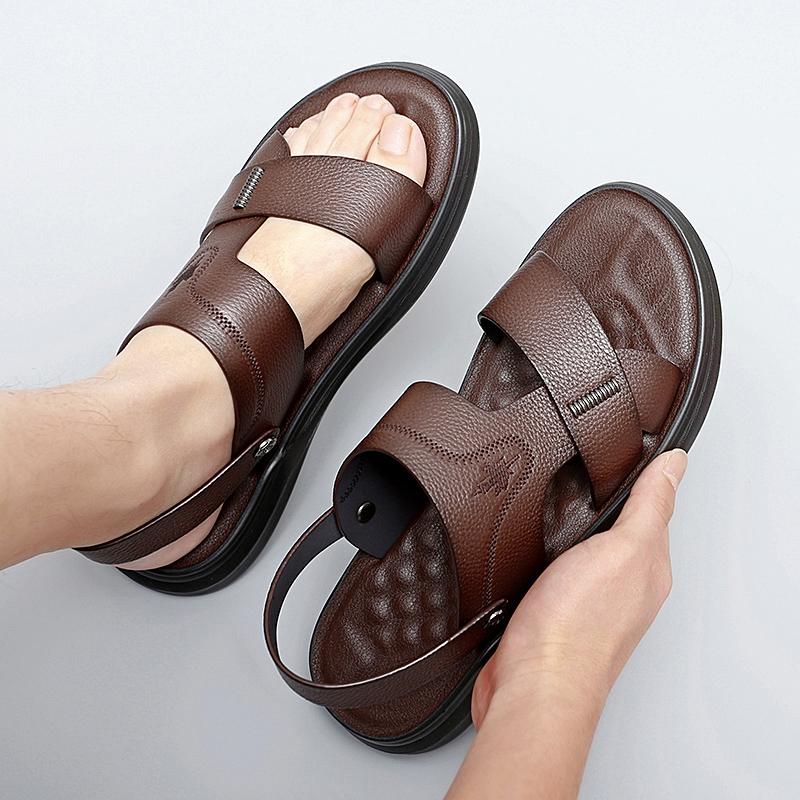 Men's Summer New Men's Sandals Men's Leather Beach Shoes Casual Men's Shoes Fashion Slippers Stripe Sandals Rubber Mens Shoes