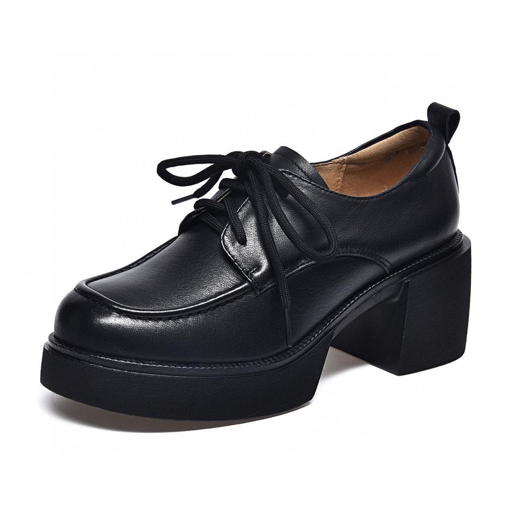 Platform shoes women's spring new first-layer cowhide round head low-top single shoes muffin casual shoes lace-up