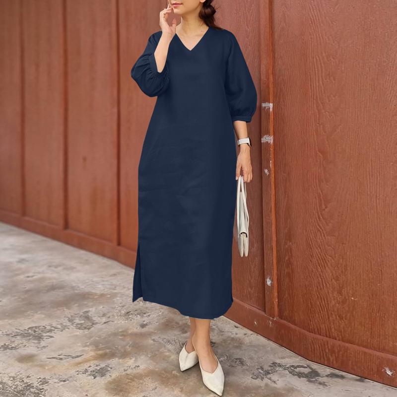 

ZANZEA Женское повседневное платье с V-образным вырезом, однотонное, с рукавами 3/4, свободного кроя 5XL тёмно-синий