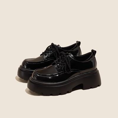 Platform Small Leather Shoes Women's Soft Leather Black British Style Lace-up Heightening Loafers 2024 Spring and Autumn New Women's Shoes