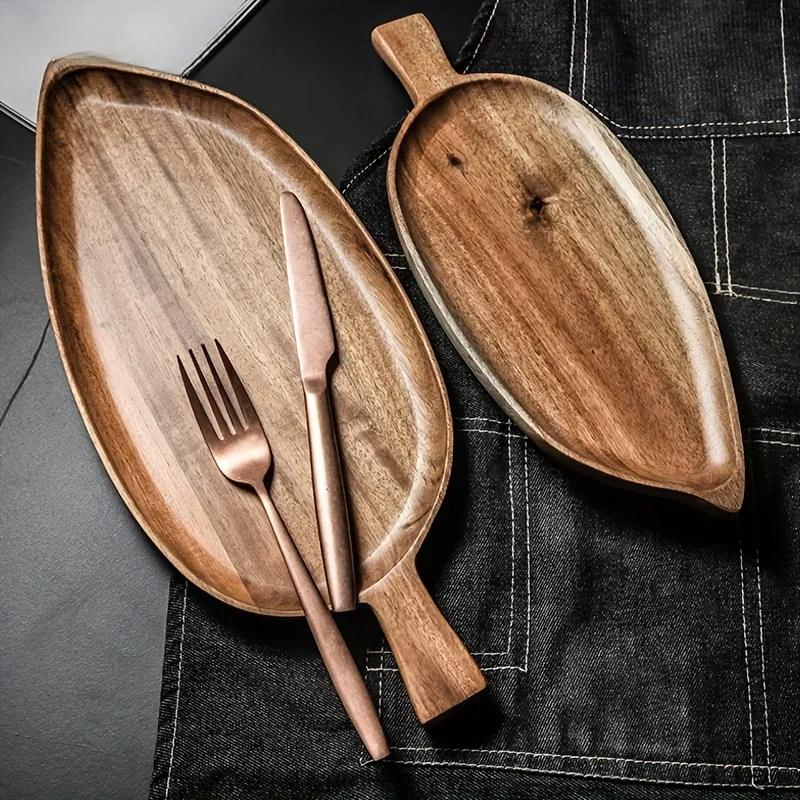 Japanese Light Luxury Wooden Tray Afternoon Tea Dim Sum Snack Sushi Plate Leaf Shaped Dinner Plate Acacia Wood Tea Plate