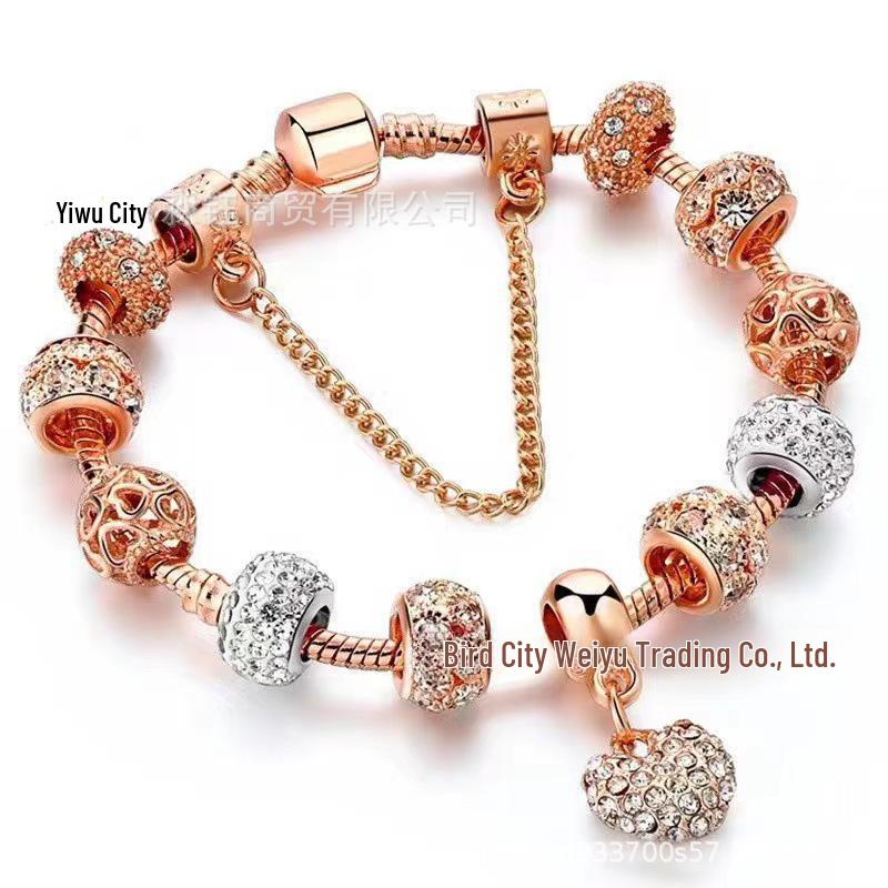 New Panjia Style Gold-Plated Beaded Bracelet with Full Diamond Love Design