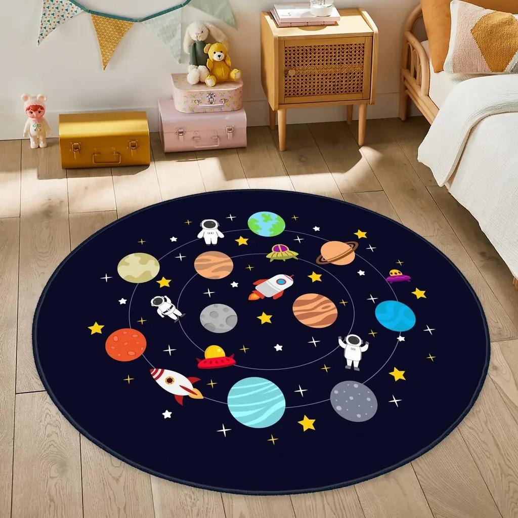 Round Space Theme Carpet Mat Rug Home Decoration Kids Room Astronaut Rocket Planet Pattern Non-Slip Floor Mat Bedroom Carpet