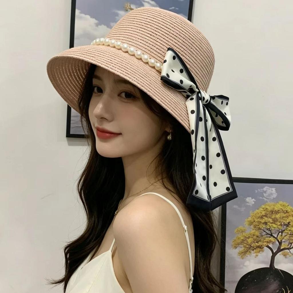 French Polka Dot Pearl Straw Hat Women's Summer Sun Protection Hat Seaside Vacation Beach Hat Straw Sun Hat Self-operated