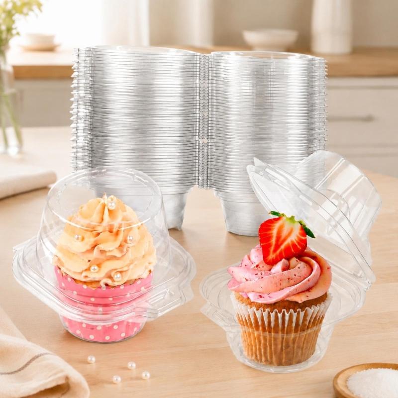 Individual Dessert Packages in Clear Plastic with Hinged Domed Covers and Fold-Over Fasteners for Takeout Display