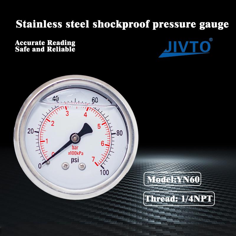 JIVTO Glycerine Filled Pressure Gauge 2.5 Inch Dia 1/4 NPT Back Mount 30,60,100 Psi & Bar