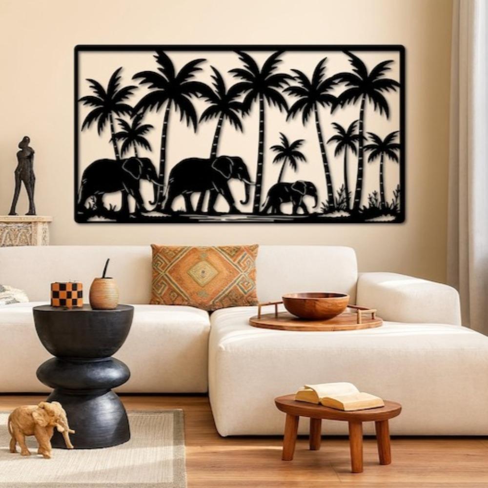 Handmade Metal Elephant Wall Art, Tropical Safari Decor, Jungle Palm Tree Wildlife Art, Nature Home Gift, African Safari Metal Sculpture