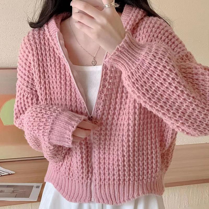 New High-necked Warm Retro Thick Needle Lapel Knitted Sweater Lazy Loose Temperament Zipper Sweater Jacket Women