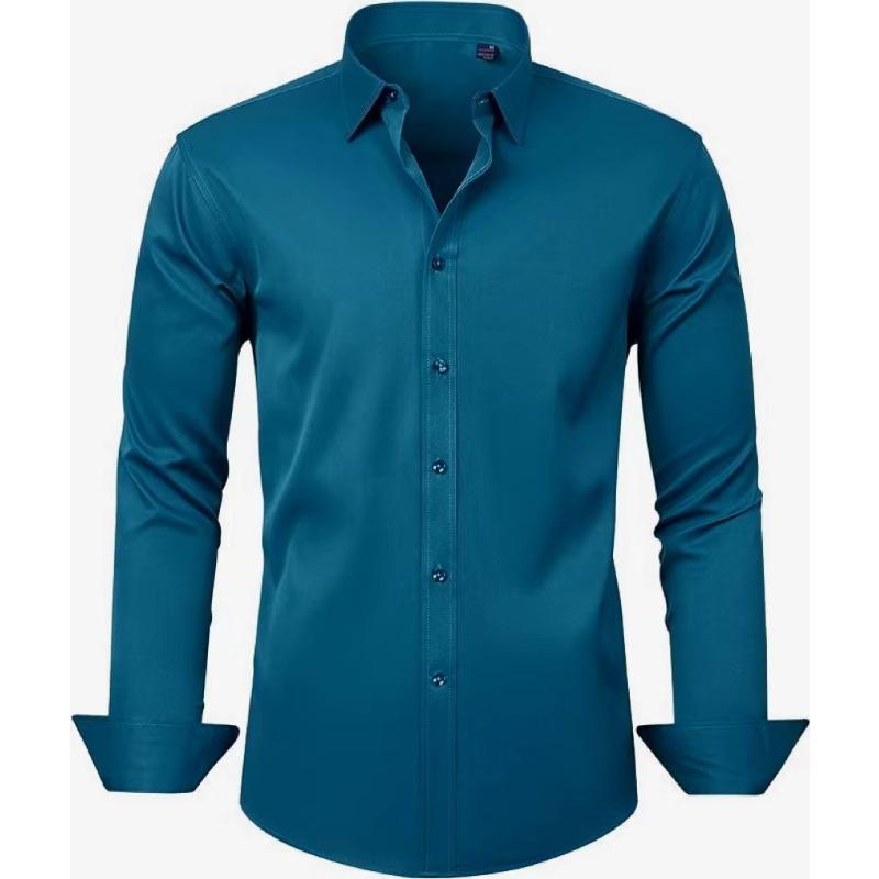 Men's Long Sleeve Solid Color Shirt, 4-Way Stretch, Natural Color Button, Slim Fit, Wrinkle Free, Business Casual Dress Shirt