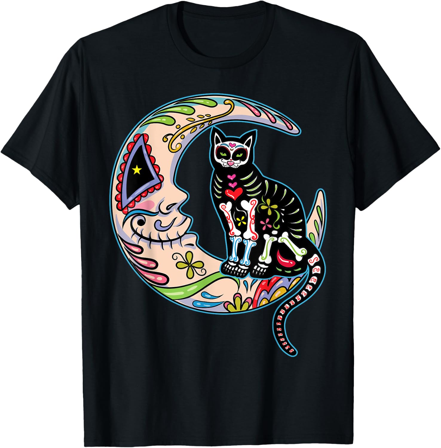 Sugar Skull Cat Moon Dia De Los Muertos Day of Dead T-Shirt XL
