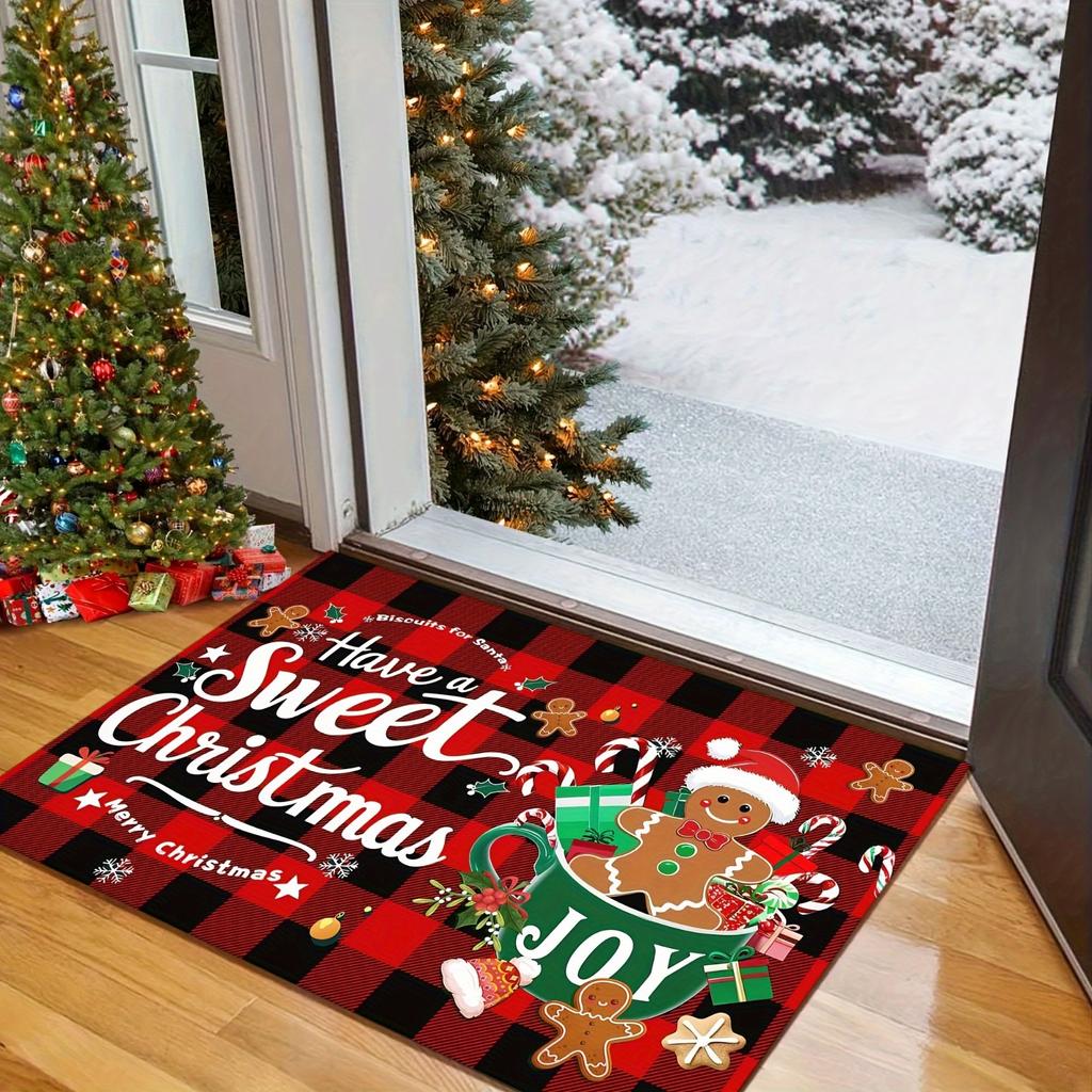 Christmas Themed Welcome Doormat Non-Slip Floor Mat For Bedroom Kitchen Bathroom Polyester Indoor Outdoor Rug Plaid Home Carpet