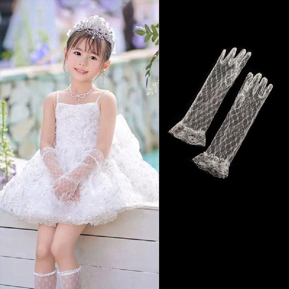 2Pairs Bright Rhinestone Children's Lace Gloves Five Fingers Performance Gloves  Birthday Party