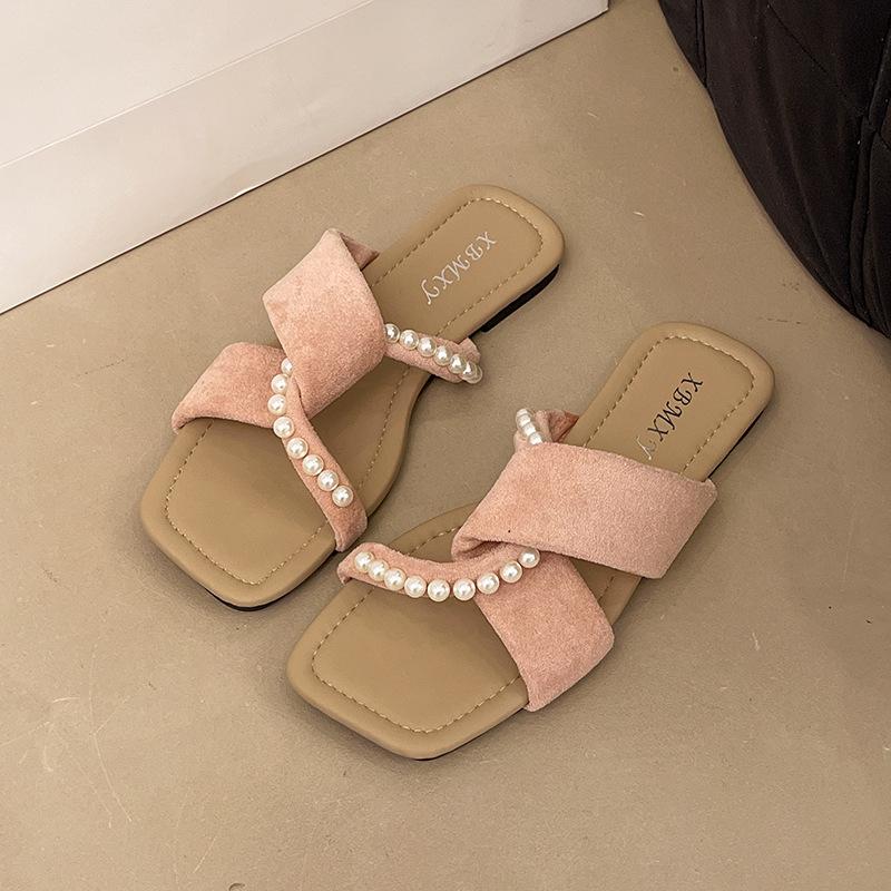 French square head one-word slippers women's wear 2025 summer new with skirt high-end Internet celebrity fashion cool slippers