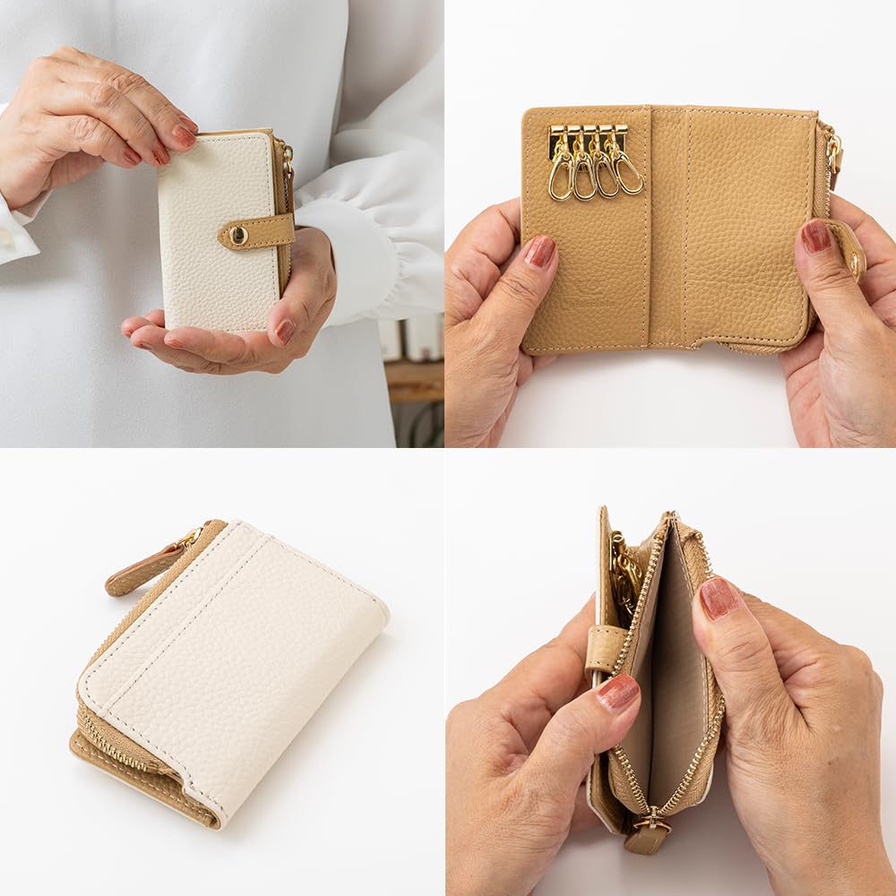 Chiocciola Genuine Leather Smart Key Case with Coin Purse for Women (Cafe LatteIvory)